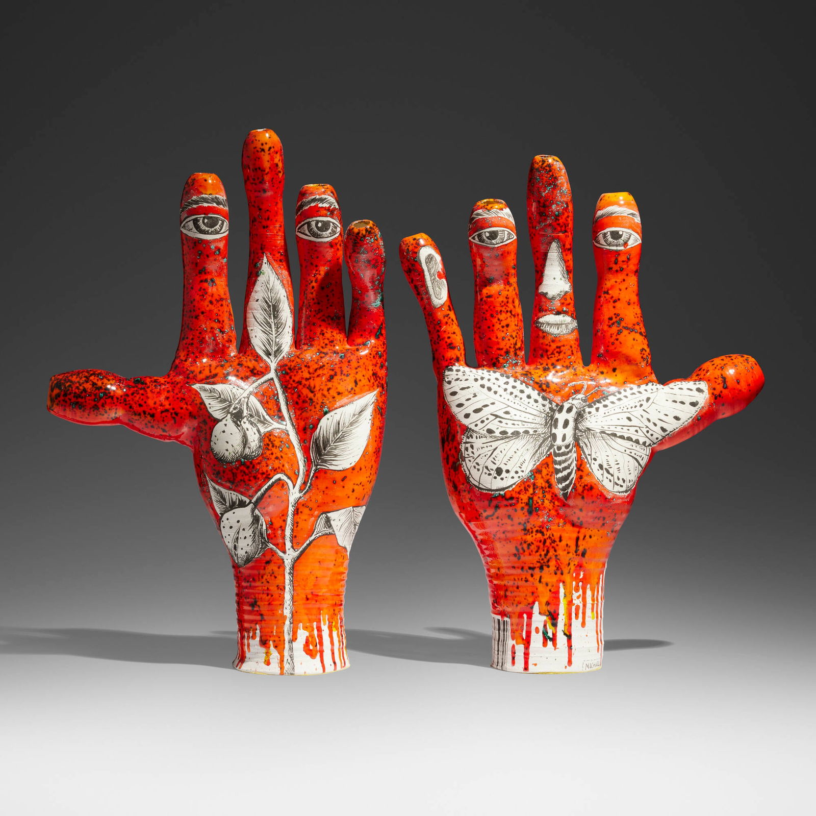 Michael Lucero, Red Hands (from the New World series): Michael Lucero Red Hands (from the New World series) 1992glazed and hand-painted earthenware 20 h x 12.25 w x 5 d in (51 x 31 x 13 cm) 19 h x 13.5 w x 5 d in (48 x 34 x 13 cm) Signed, dated