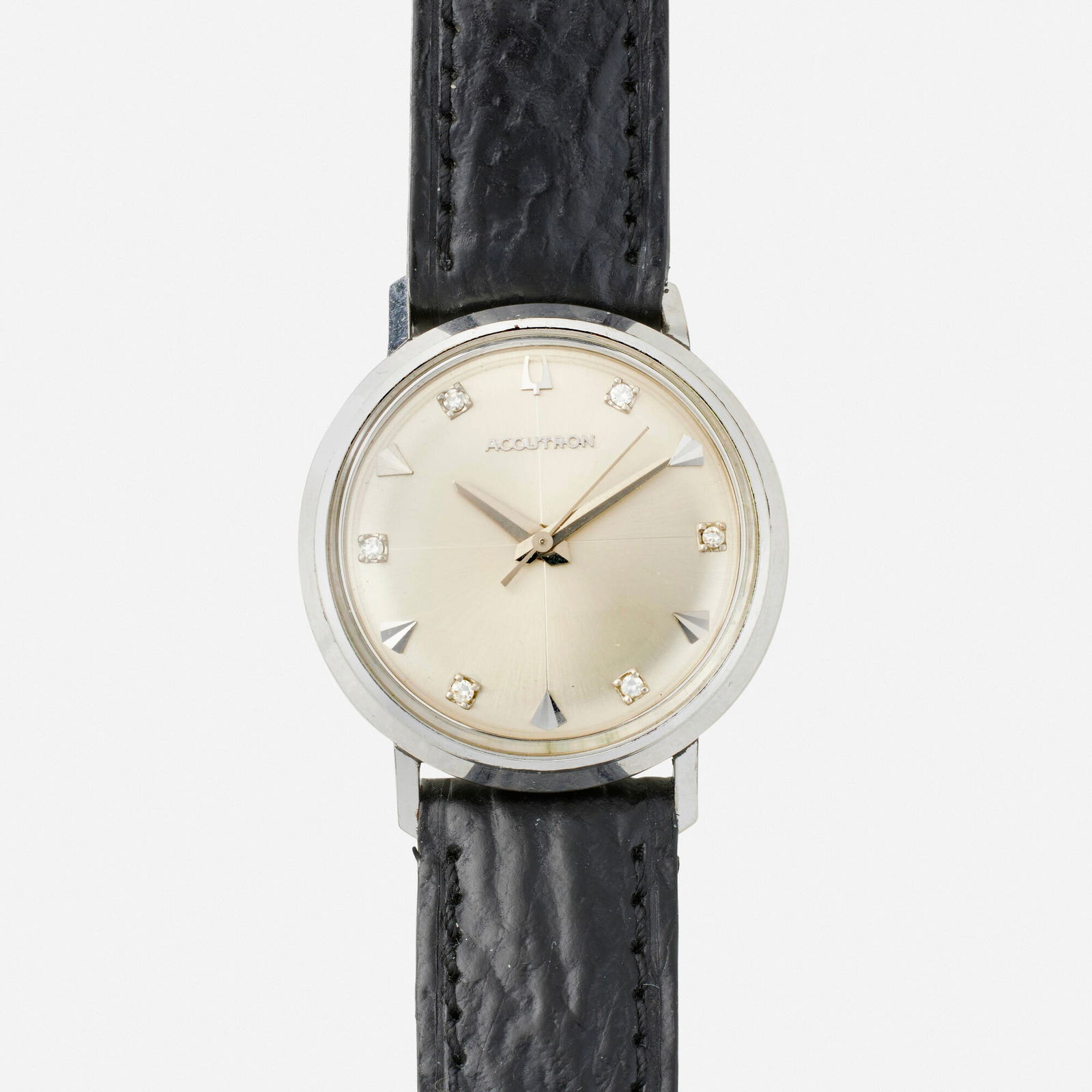Bulova, 'Accutron D406' white gold-fill wristwatch, Ref. 24021-8W: Bulova 'Accutron D406' white gold-fill wristwatch, Ref. 24021-8W With diamond and sword hours Dial: Silver Movement: Quartz Case material: 10k white gold-fill Case size: 34 m