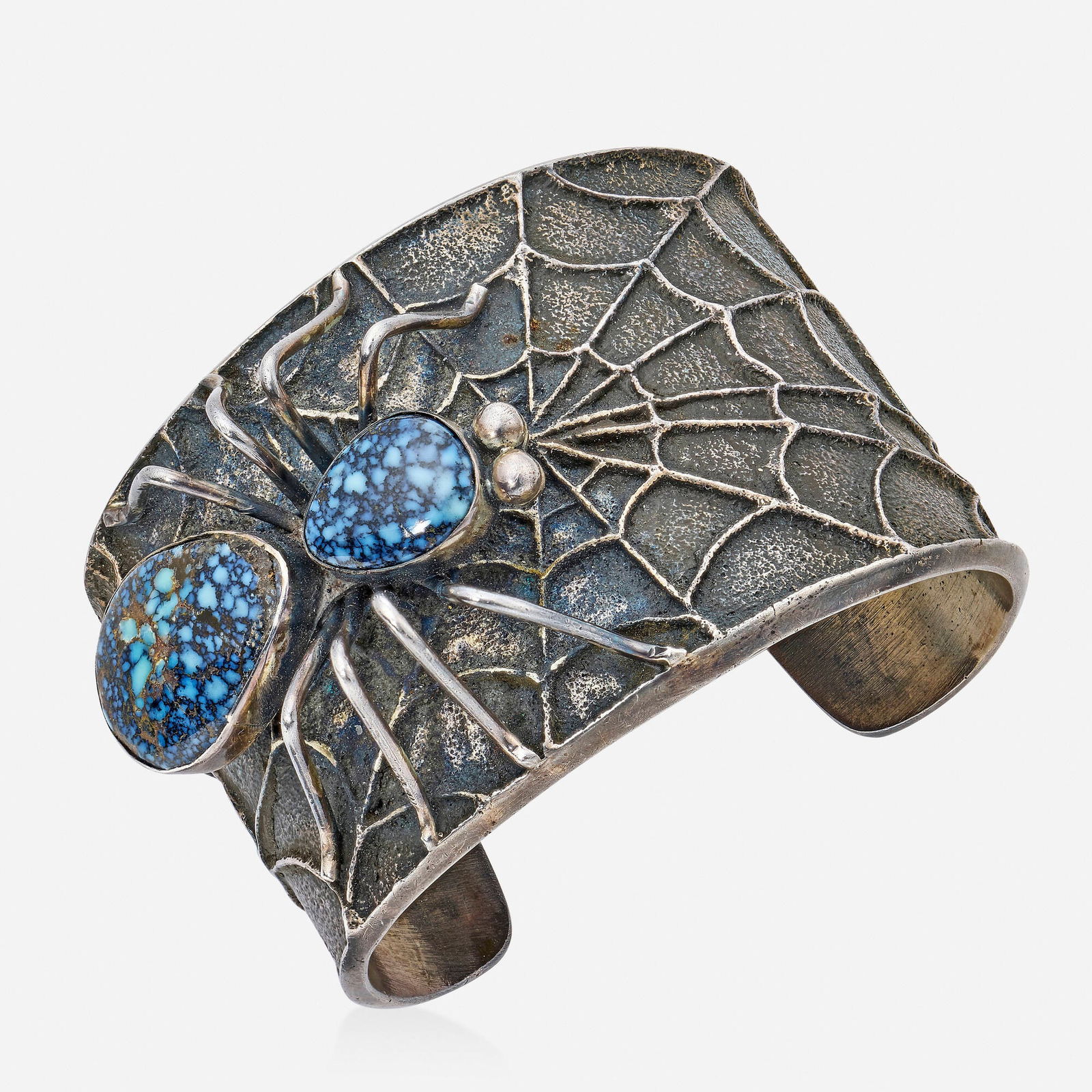 Preston Monongye, Lander blue spiderweb turquoise and silver spider cuff bracelet (1 of 3)