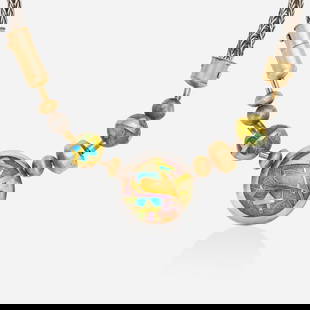 William Harper, 'Amuletic Neck Piece' enamel, silver, gold, and copper necklace: William Harper 'Amuletic Neck Piece' enamel, silver, gold, and copper necklace Designed with three cloisonne and champleve enamel beads, joined by the woven chain; 1979 Yellow gold, silver, and copper