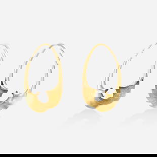 Michael Good, 'Torque' gold earrings: Michael Good 'Torque' gold earrings Of 'double helix' design 14k yellow gold Signed with maker's mark for Michael Good 1.50 x 0.75 in; Gross weight 2.3 dwts This work will sh