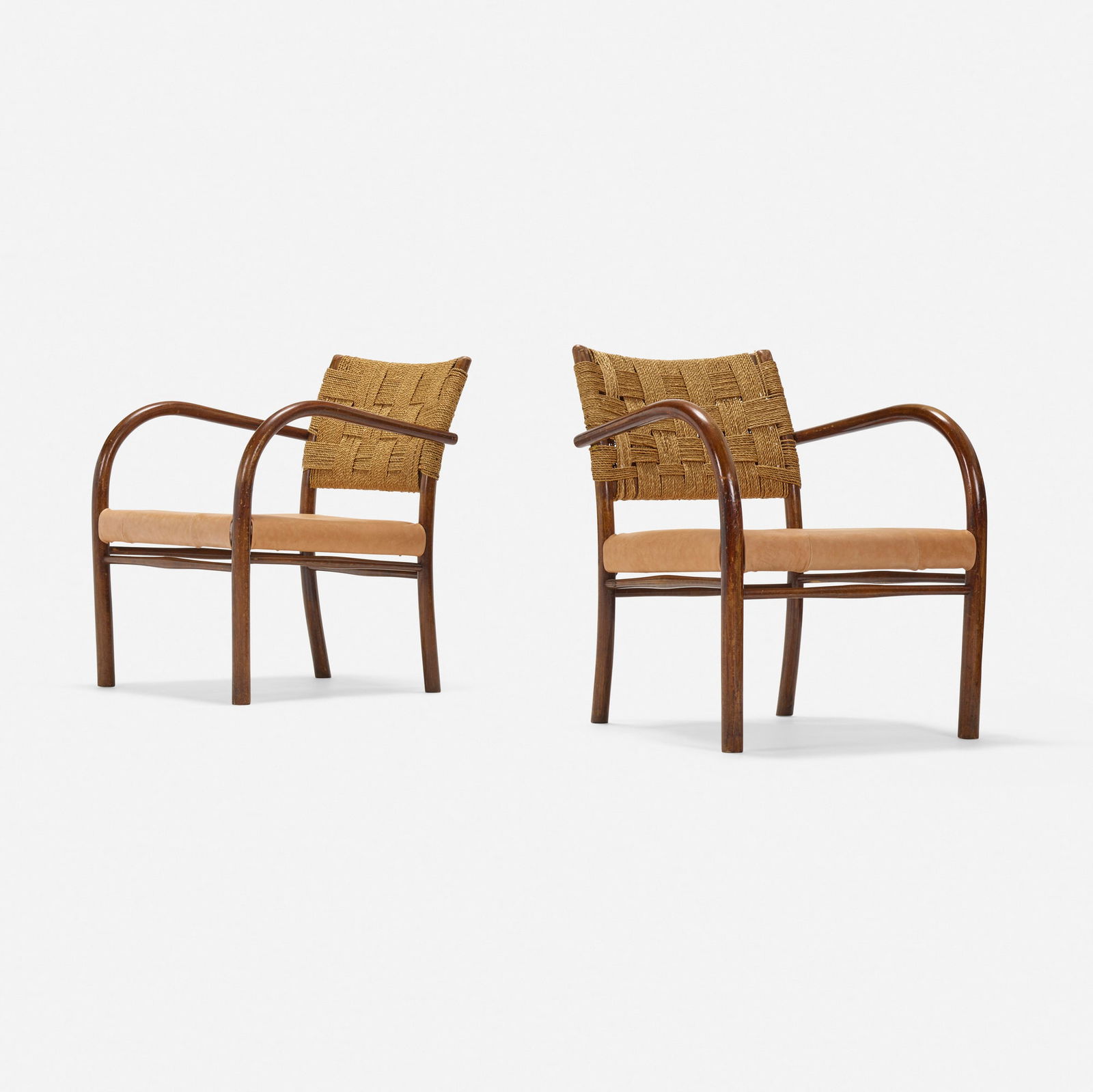 Frits Schlegel, Armchairs, pair: Frits Schlegel Armchairs, pair Fritz HansenDenmark, c. 1930beech, sea grass cord, leather upholstery 29 h x 23 w x 25 d in (74 x 58 x 63 cm) This work will ship from Los Ang