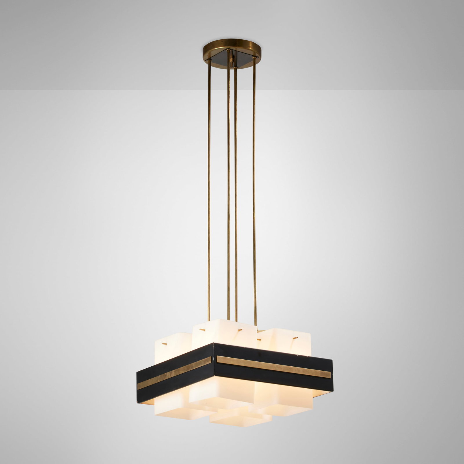 Stilnovo, Chandelier: Stilnovo Chandelier Italy, c. 1965 enameled steel, brass, frosted glass 51.5 h x 17.25 w x 17.25 d in (131 x 44 x 44 cm) This work will ship from Lambertville, New Jersey.
