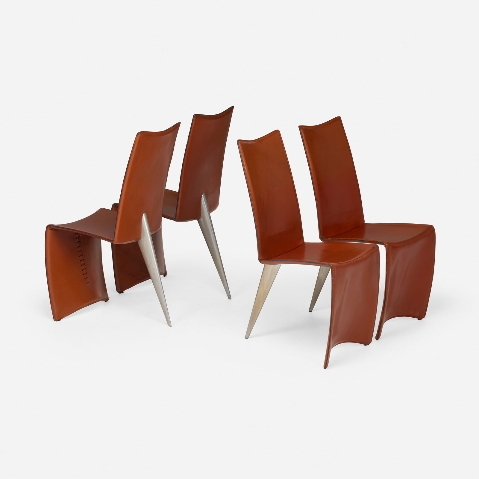 Philippe Starck, Ed Archer chairs, set of four: Philippe Starck Ed Archer chairs, set of four Driade AlephFrance, 1987leather upholstery, aluminum 38.75 h x 18.5 w x 23 d in (98 x 47 x 58 cm) Impressed manufacturer's mark front leg of
