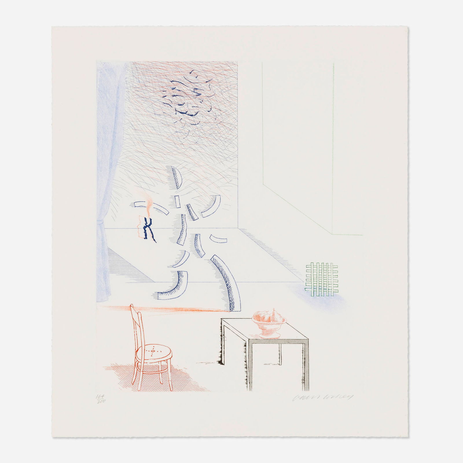 David Hockney, Tick it, Tock it, Turn it True (from The Blue Guitar portfolio): David Hockney Tick it, Tock it, Turn it True (from The Blue Guitar portfolio) 1976-77etching and aquatint in colors on Inveresk mould-made image: 16.375 h x 13.625 w in (42 x 35 cm) sheet: 20.625