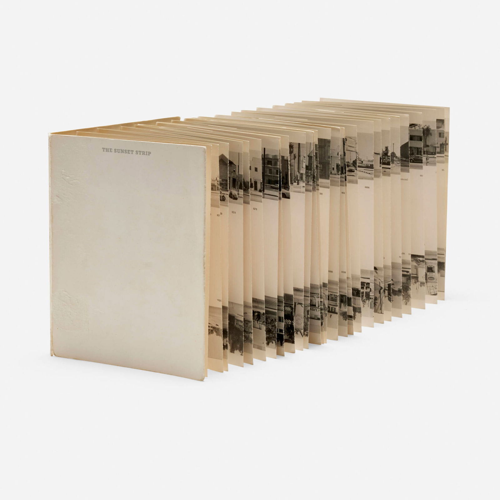 Ed Ruscha, Every Building on the Sunset Strip: Ed Ruscha Every Building on the Sunset Strip 1966offset lithograph, silver Mylar 7.25 h x 6 w x .25 d in (18 x 15 x 1 cm) This work is from the second edition of 5000 published by the artist.