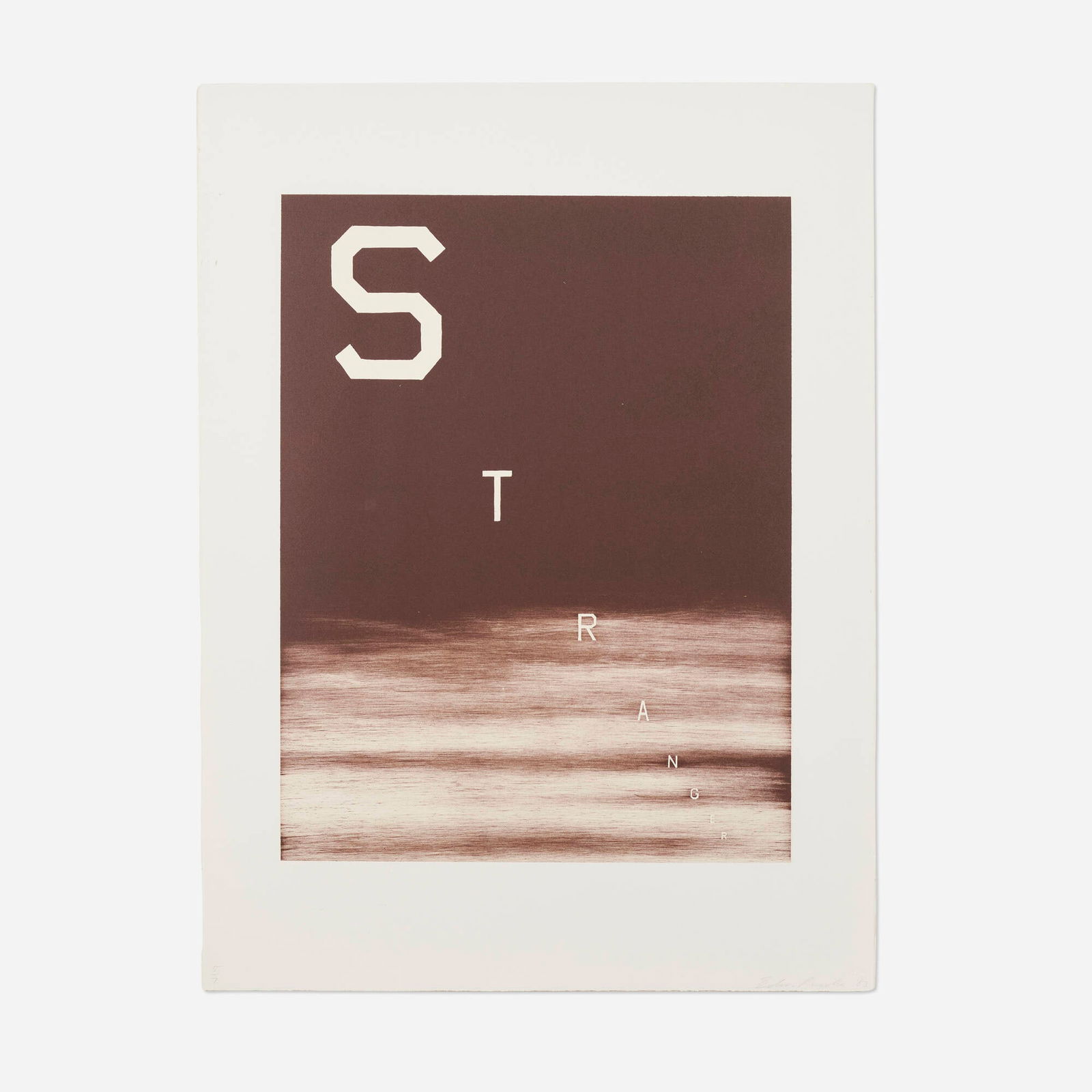 Ed Ruscha, Stranger: Ed Ruscha Stranger 1983lithograph in colors on BFK Rives image: 22 h x 16.875 w in (56 x 43 cm) sheet: 30 h x 22.375 w in (76 x 57 cm) Signed, dated and numbered to lower edge '5/7 Edw. Rus