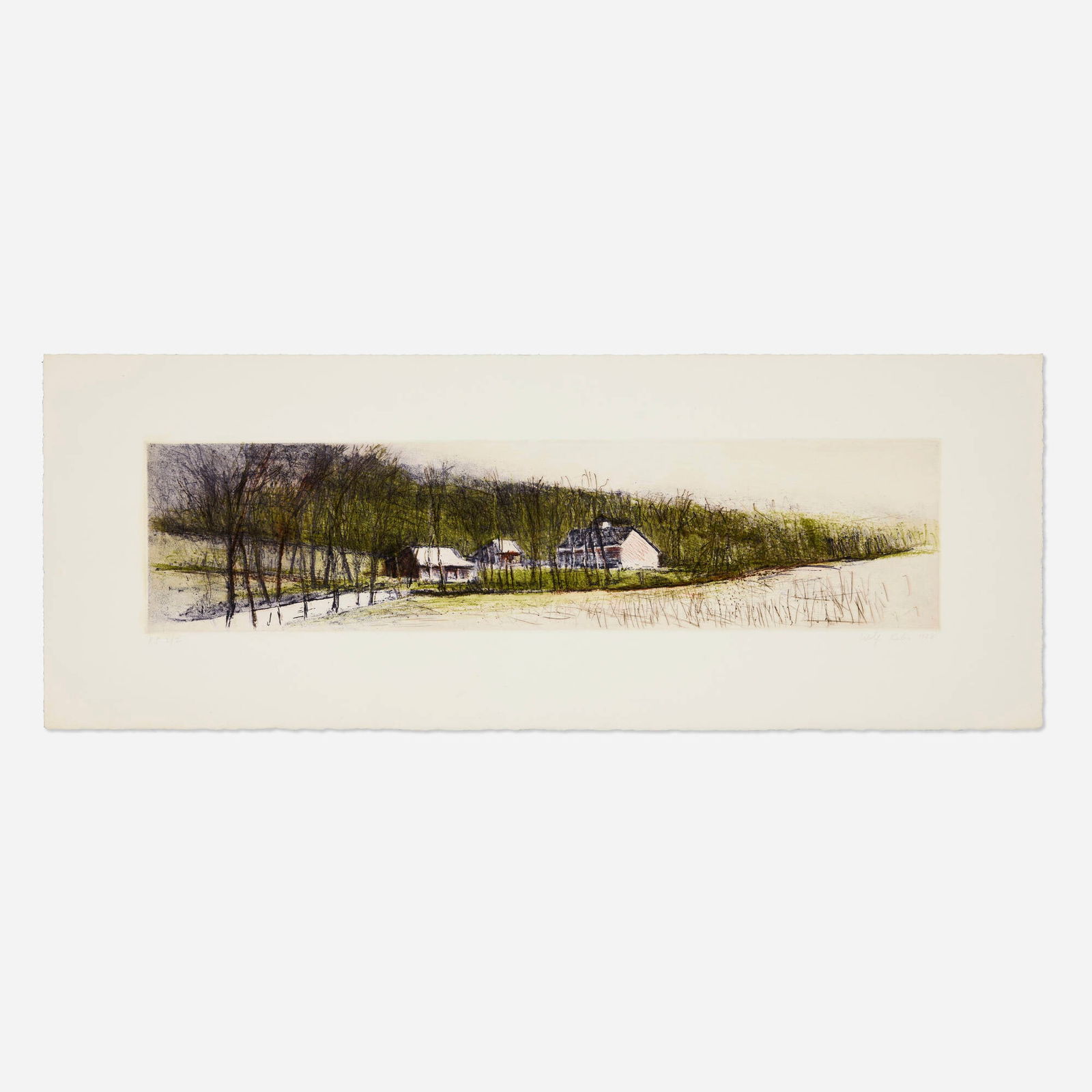 Wolf Kahn, Farm on the Flood Plain: Wolf Kahn Farm on the Flood Plain 1988etching, aquatint and drypoint in colors on Somerset image: 5.75 h x 23.5 w in (15 x 60 cm) sheet: 11.25 h x 29.625 w in (29 x 75 cm) Signed, dated and
