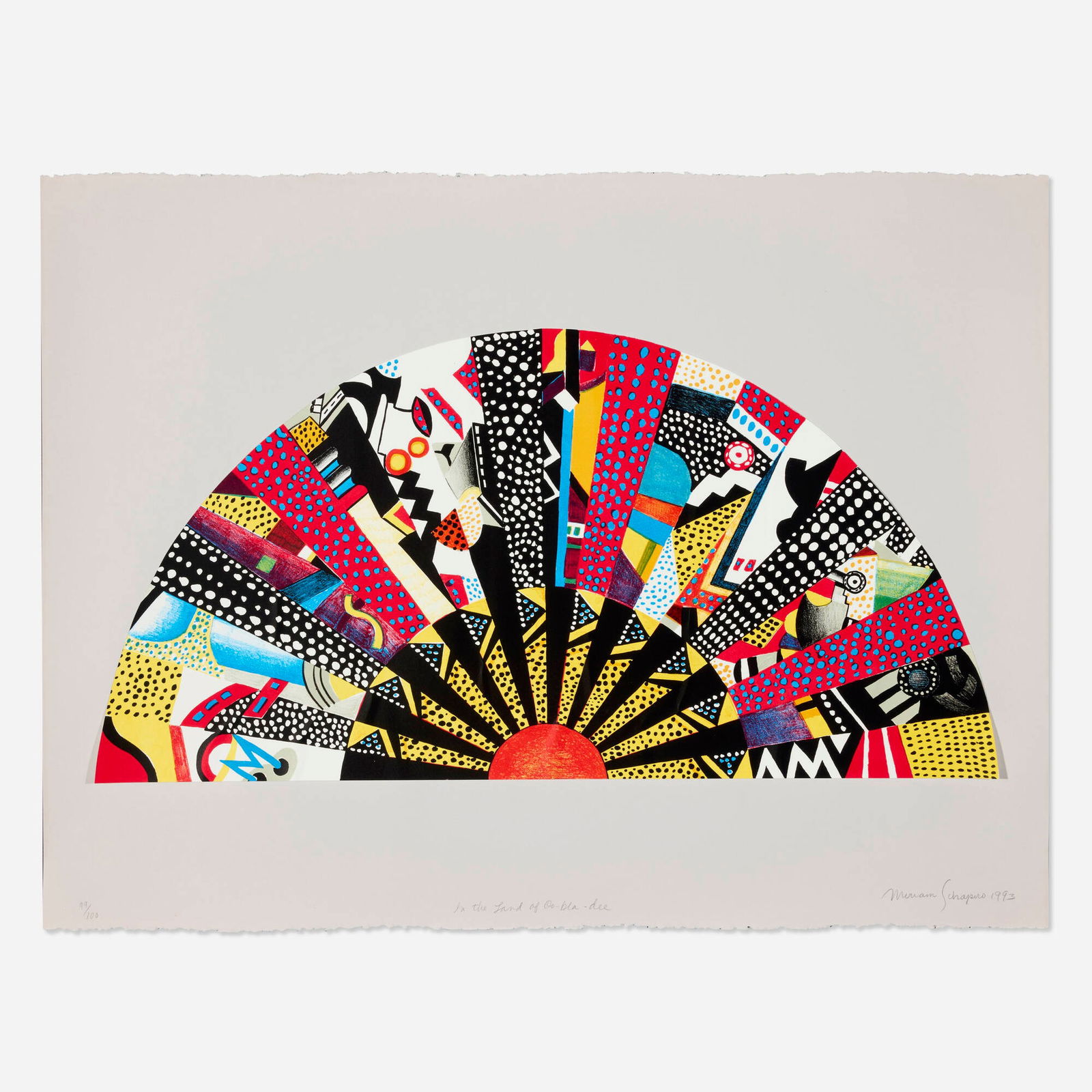 Miriam Schapiro, In the Land of Oo-Bla-Dee: Homage to Mary Lou Williams: Miriam Schapiro In the Land of Oo-Bla-Dee: Homage to Mary Lou Williams 1993lithograph in colors laid to paper image: 13.5 h x 27 w in (34 x 69 cm) sheet: 22.625 h x 30 w in (57 x 76 cm) Sig