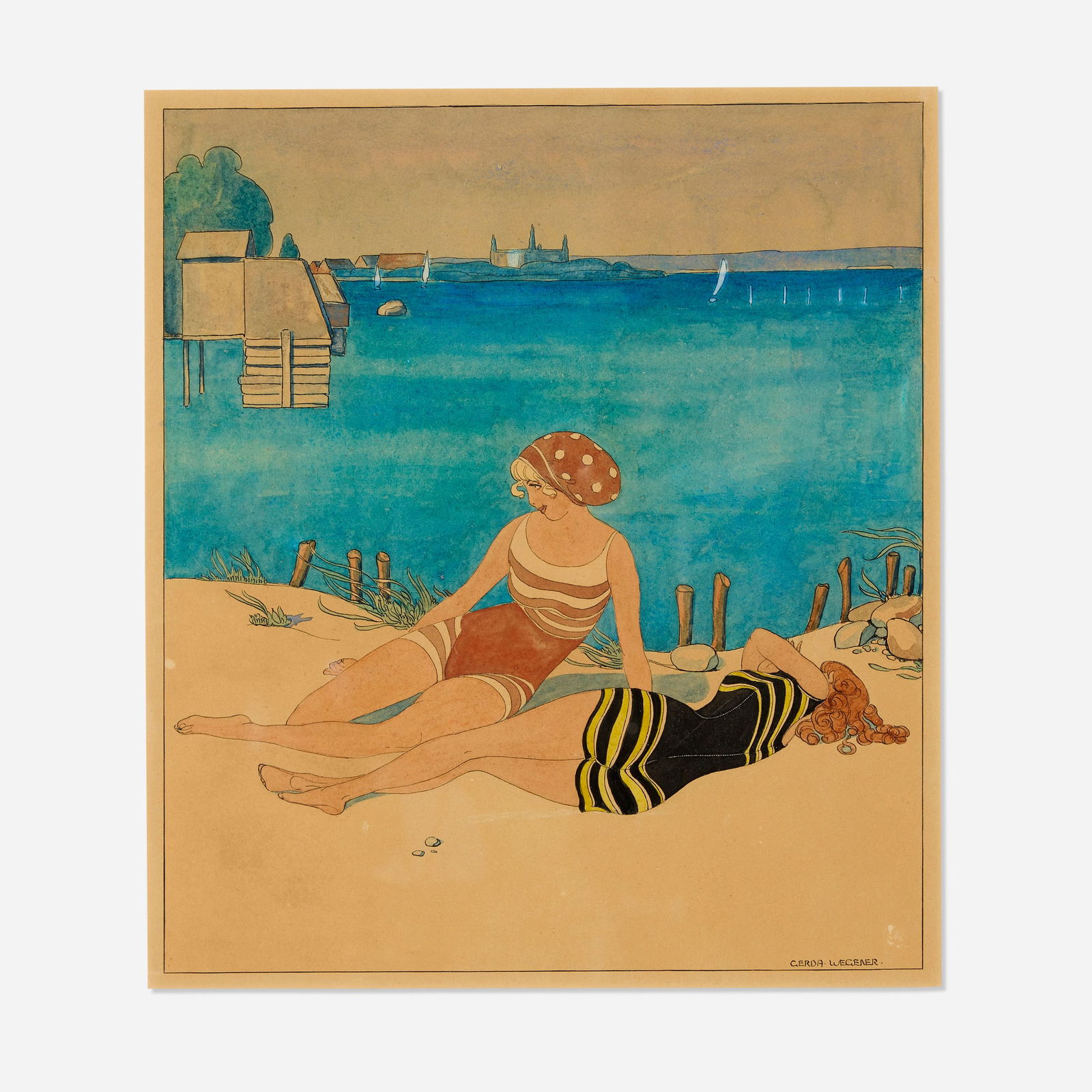 Gerda Wegener, Two Girls Bathing at the Beach: Gerda Wegener Two Girls Bathing at the Beach 1917watercolor and ink on paper sight: 12.625 h x 11.125 w in (32 x 28 cm) Signed to lower right 'Gerda Wegener'. Provenance: