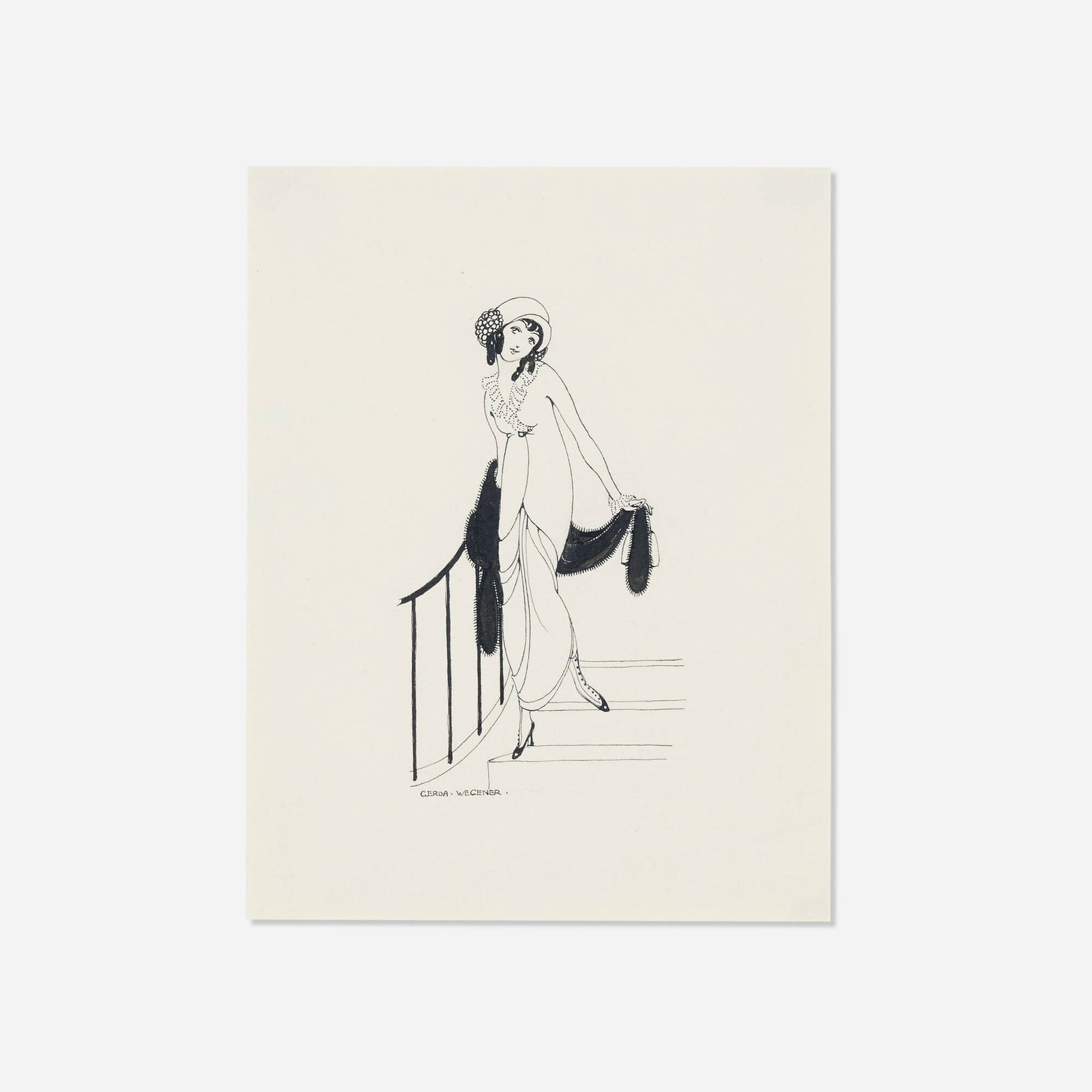 Gerda Wegener, Woman Descending Stairs: Gerda Wegener Woman Descending Stairs ink on paper sight: 6.75 h x 5.125 w in (17 x 13 cm) Signed to lower left 'Gerda Wegener'. Provenance: Leonard Fox, Ltd., New York | Acq