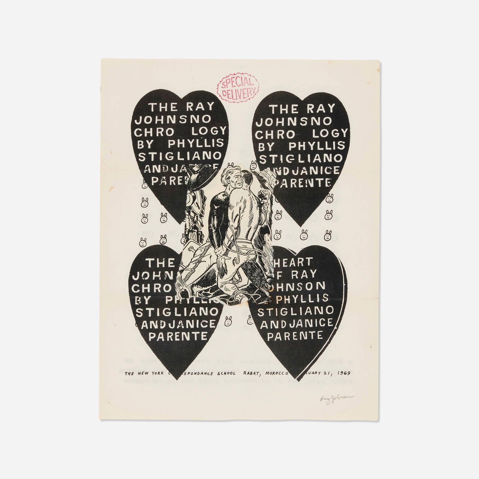 Ray Johnson, Untitled: Ray Johnson Untitled c. 1969lithograph in colors with collage (double-sided) 11 h x 8.5 w in (28 x 22 cm) Signed to lower right 'Ray Johnson'. Provenance: The Artist |
