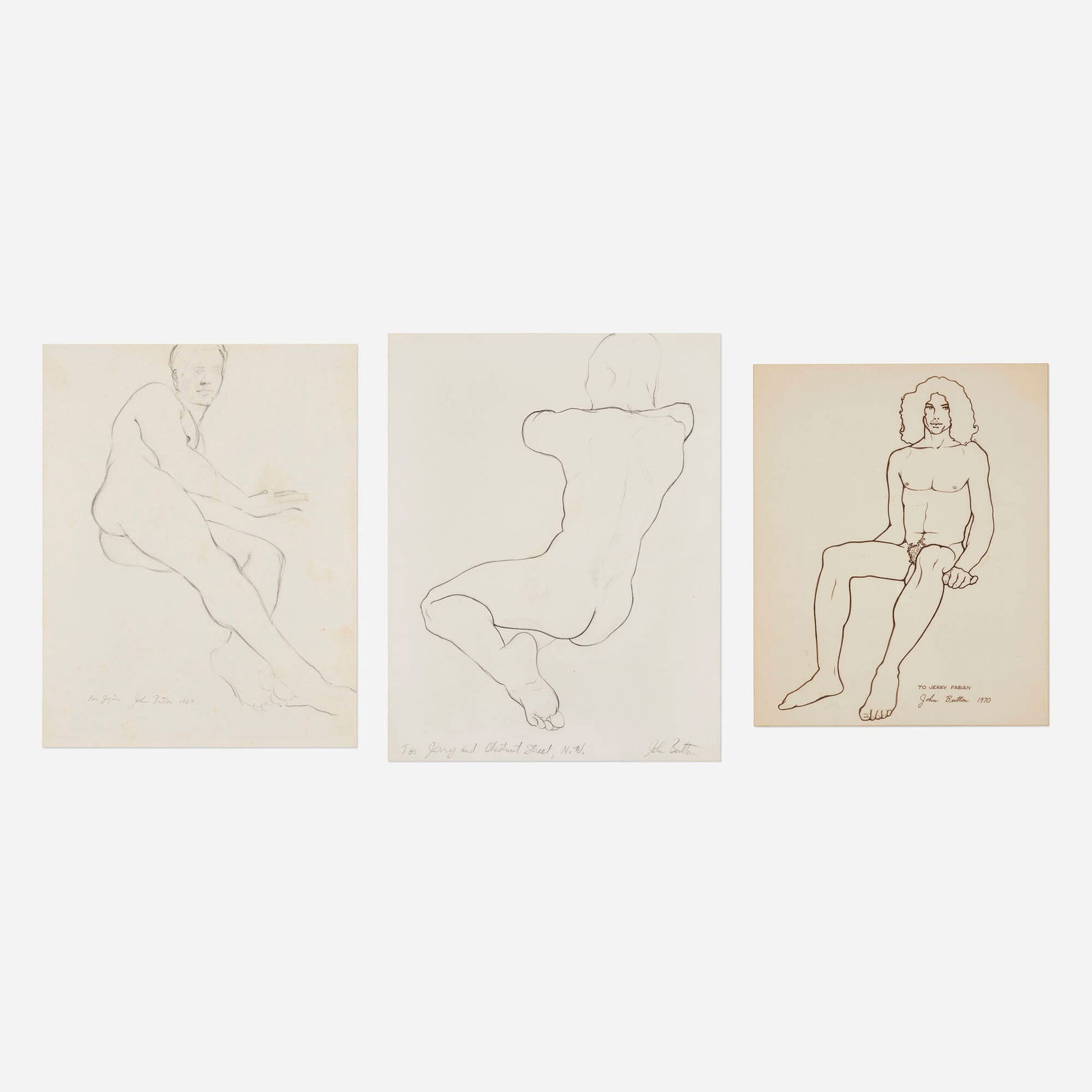 John Button, Untitled (three works): John Button Untitled (three works) 1967, 1970ink on paper, graphite on paper sight: 16.5 h x 13.5 w in (42 x 34 cm) 14 h x 11 w in (36 x 28 cm) Signed, dated and inscribed to lower left of