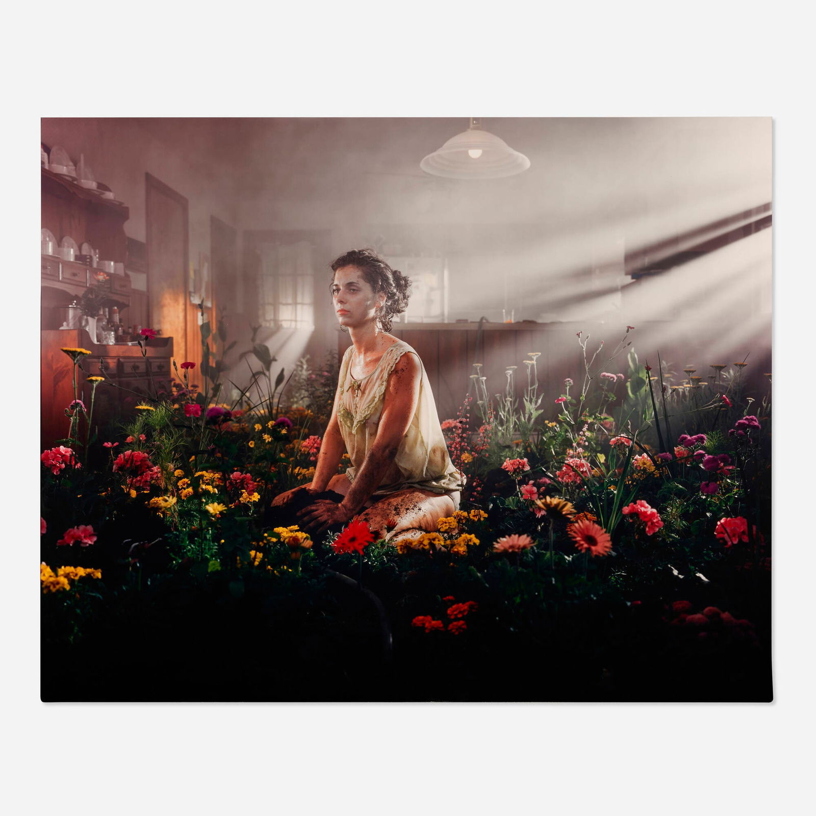 Gregory Crewdson, Untitled (Woman in Flowers): Gregory Crewdson Untitled (Woman in Flowers) 1998laser direct C-print mounted to aluminum in artist's frame 53.5 h x 65.5 w in (136 x 166 cm) Signed and dated to label to verso 'Gregory Crewds
