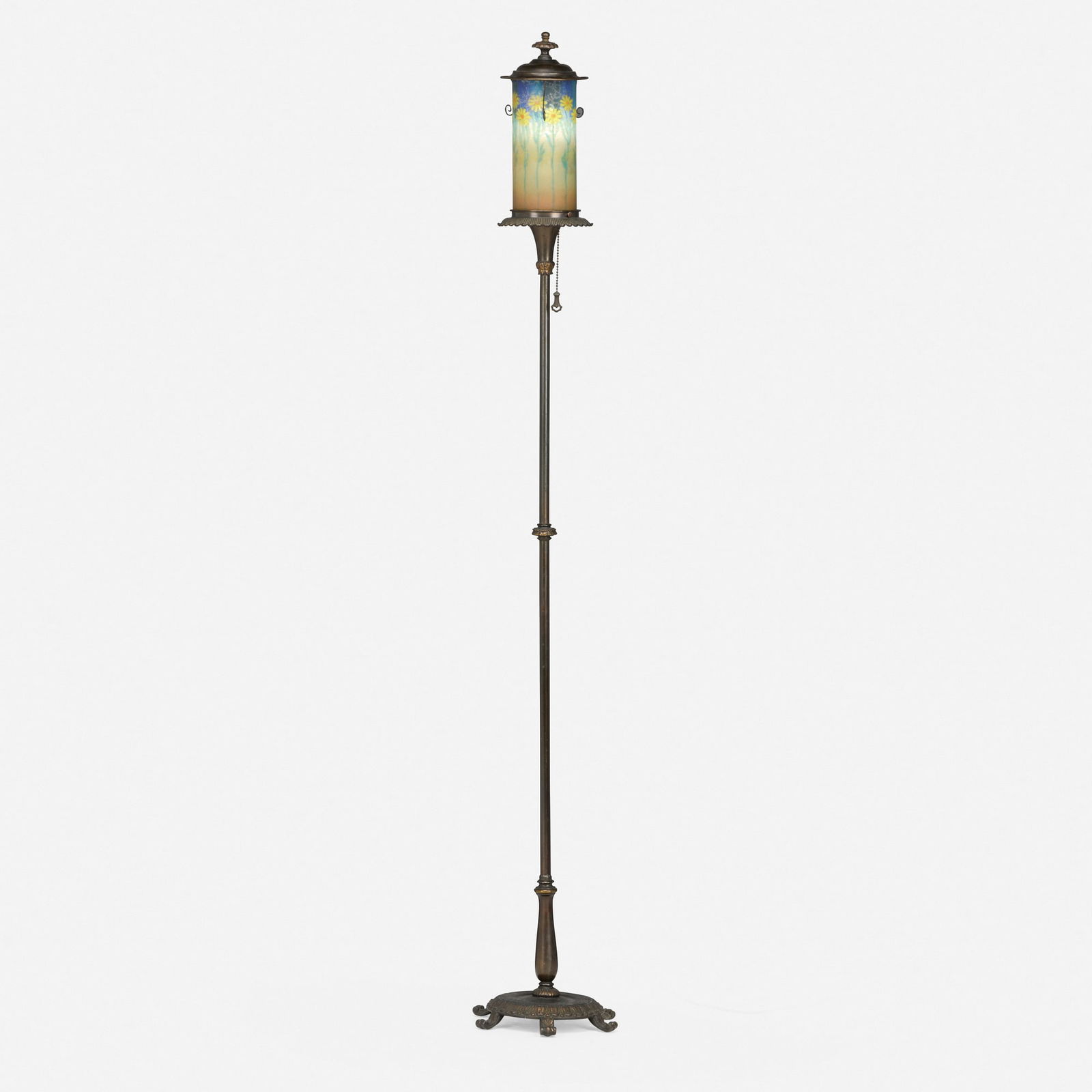 Handel, Teroma floor lamp with daisies: Handel Teroma floor lamp with daisies USA, c. 1921reverse-painted Chipped Ice glass, patinated metal 60 h x 10 dia in (152 x 25 cm) Painted manufacturer's mark and number to inner rim of shade