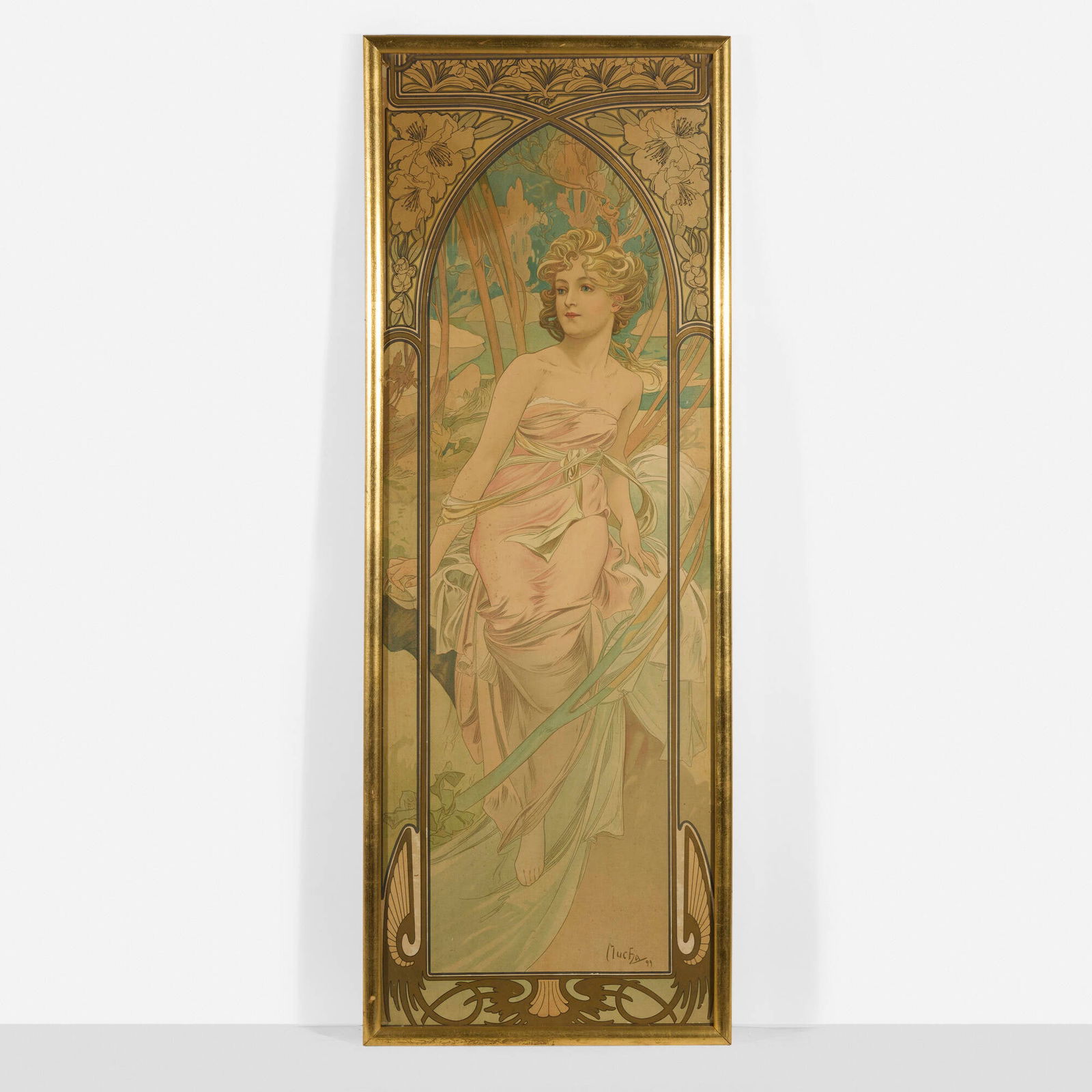 Alphonse Mucha, Eveil du matin (from The Times of the Day series): Alphonse Mucha Eveil du matin (from The Times of the Day series) 1899lithograph in colors sight: 39.625 h x 13.625 w in (101 x 35 cm) Sold with a digital copy of the invoice from Lillian Nassa