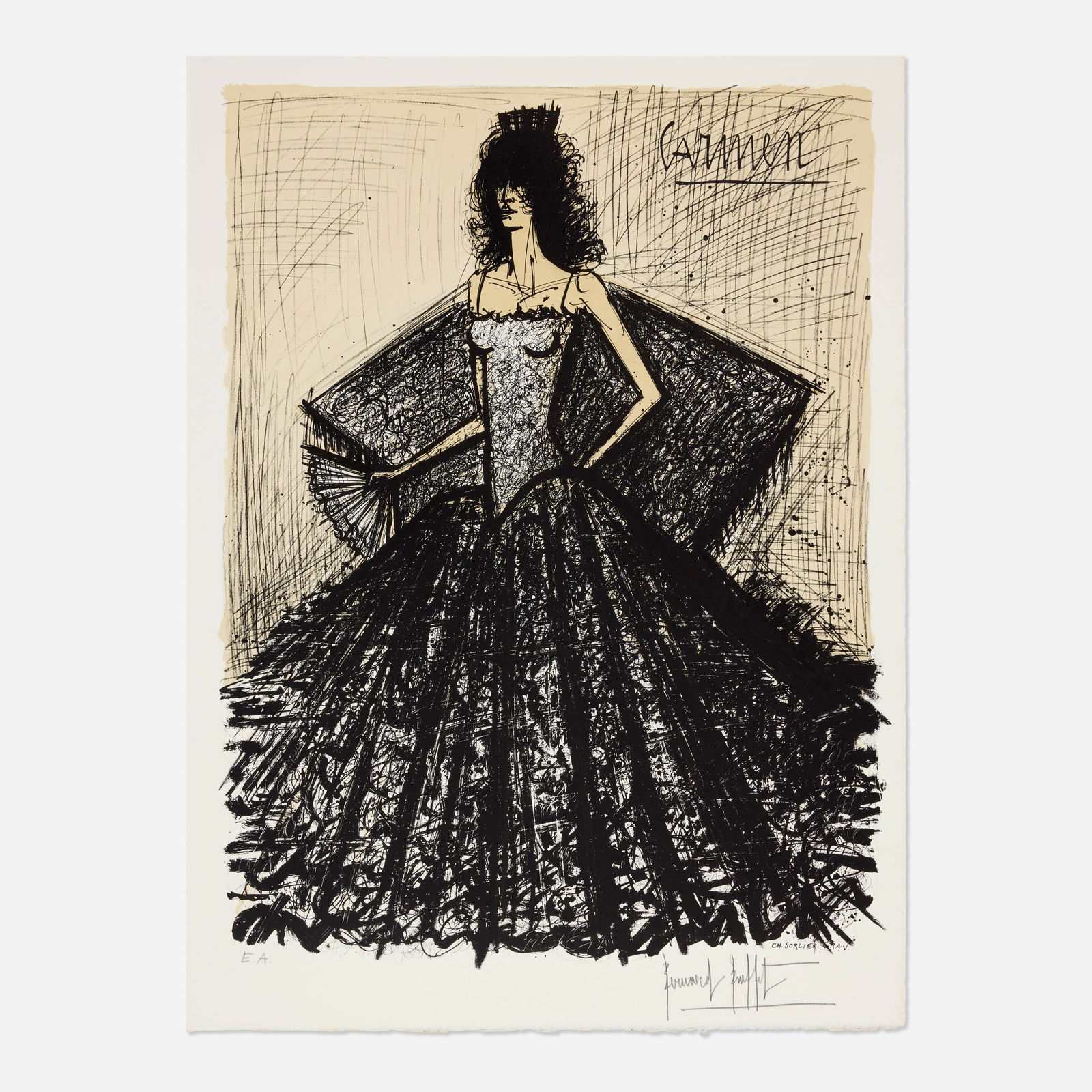 Bernard Buffet, Carmen II: Bernard Buffet Carmen II 1981lithograph in colors on Arches 29.75 h × 22 w in (76 × 56 cm) Signed and numbered to lower edge ‘E.A. Bernard Buffet’. This work is an a