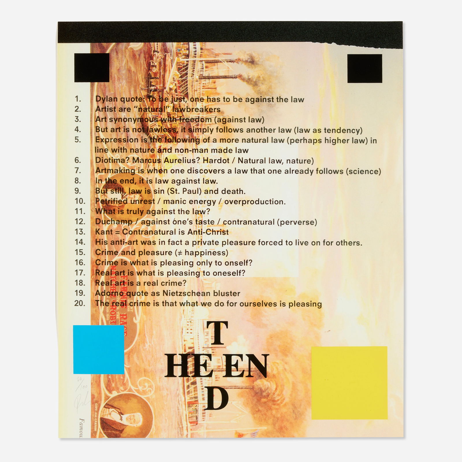 Paul Chan, Wht is the nture of lw (from the Artists Space Annual Edition Portfolio 2012): Paul Chan Wht is the nture of lw (from the Artists Space Annual Edition Portfolio 2012) 2011 / 2012inkjet print with screenprint in colors 19.375 h × 16 w in (49 × 41 cm) Signed