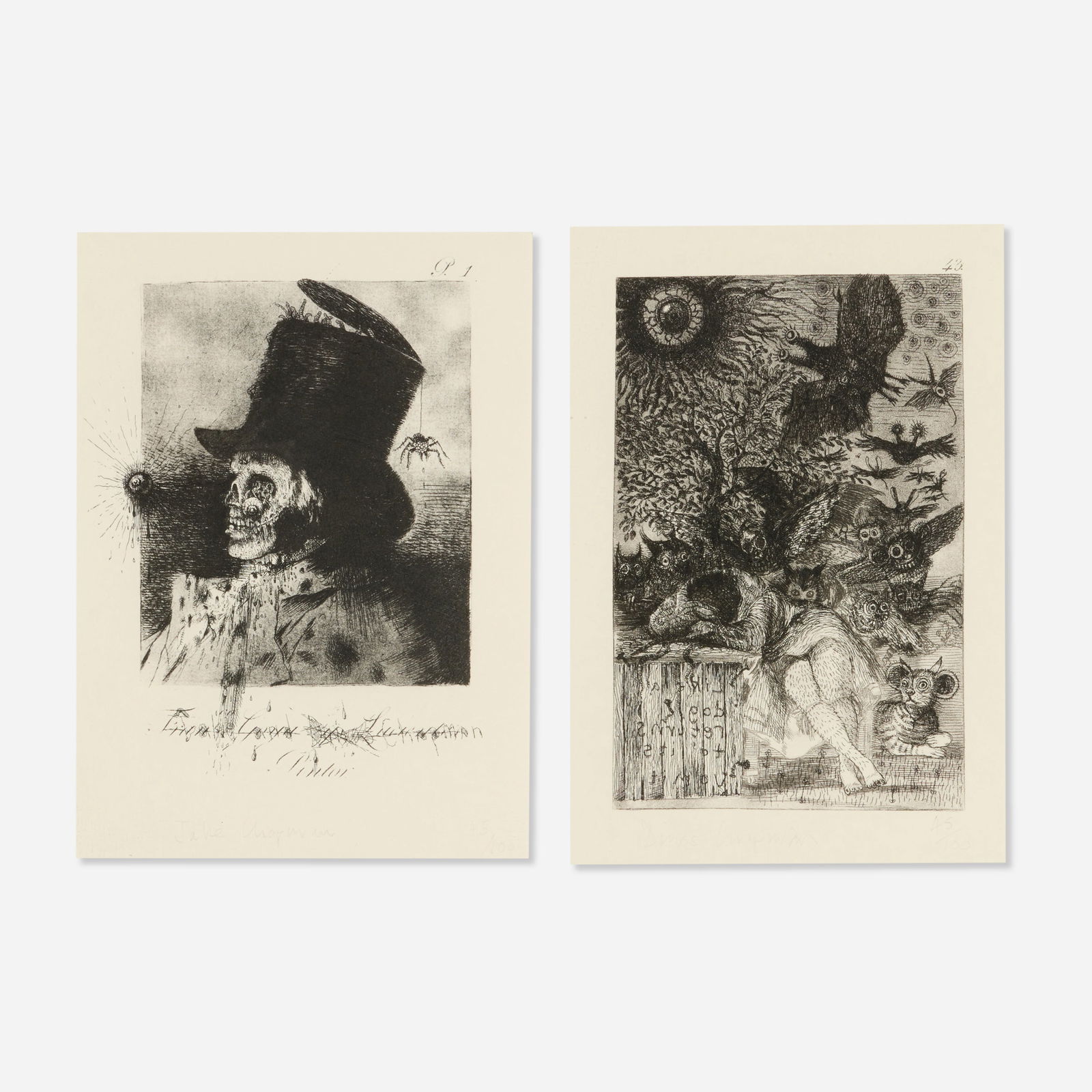 Jake and Dinos Chapman, Jake not Dinos; Dinos not Jake (two works): Jake and Dinos Chapman Jake not Dinos; Dinos not Jake (two works) 2005etching on Somerset image (each): 8.625 h × 6.125 w in (22 × 16 cm) sheet (each): 15.75 h × 12 w in (40 &