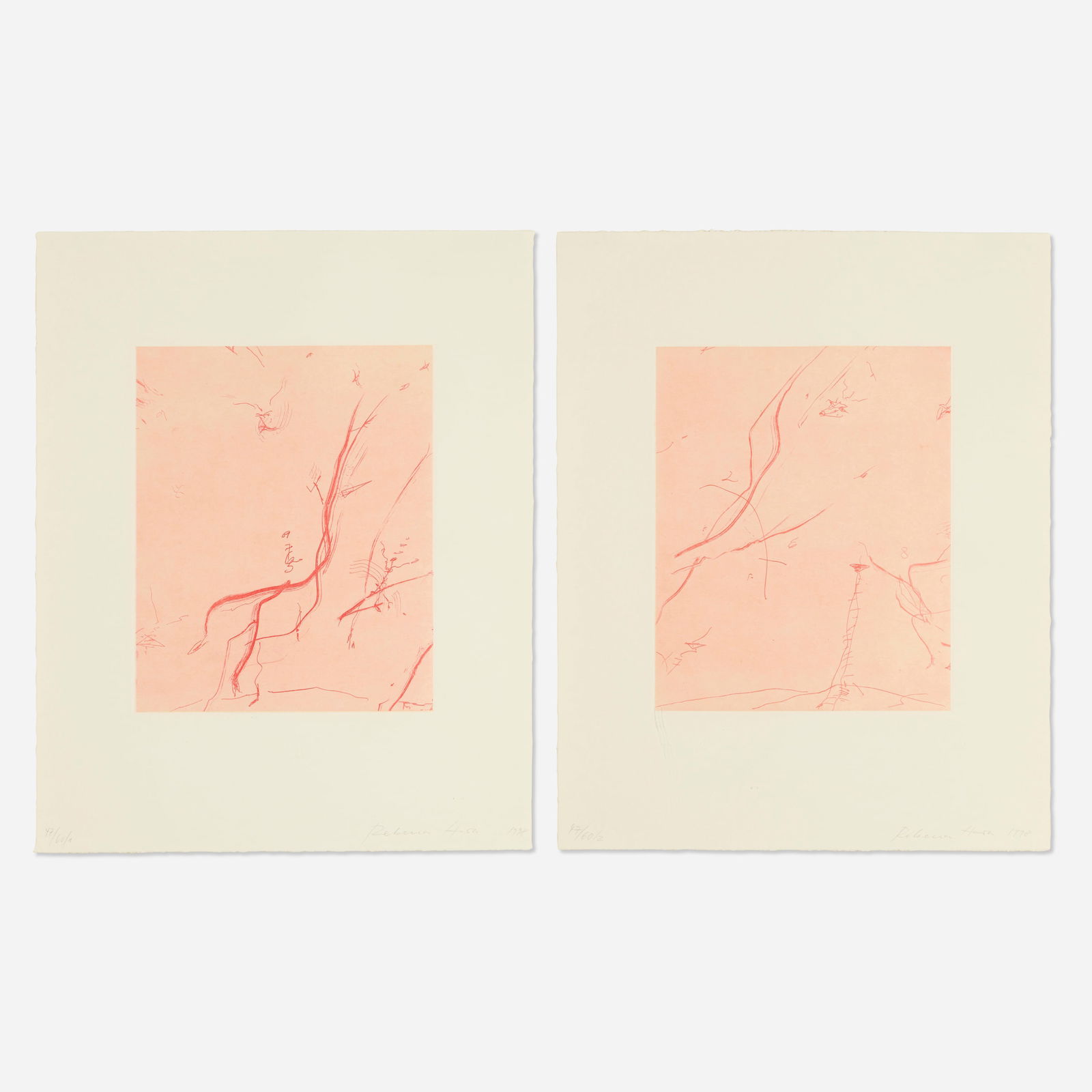 Rebecca Horn, Dancing Giraffe Tree (diptych) (from Sequences portfolio): Rebecca Horn Dancing Giraffe Tree (diptych) (from Sequences portfolio) 1998soft ground etching on dyed transparent Japanese paper collaged on Hahnemühle etching image (each): 11.625 h ×