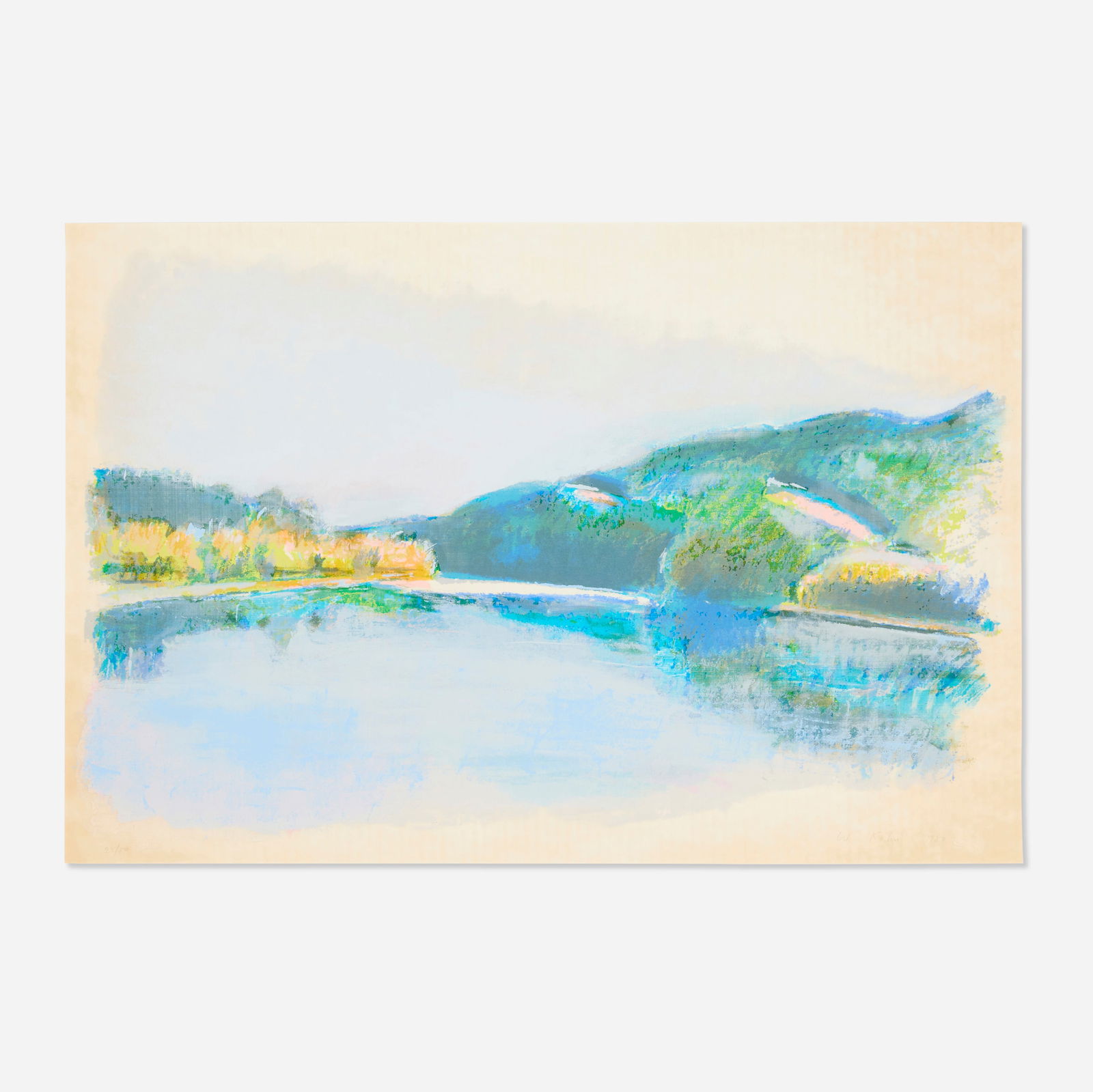 Wolf Kahn, View from the Hinsdale Bridge: Wolf Kahn View from the Hinsdale Bridge 1984lithograph in colors sight: 18.75 h × 27.875 w in (48 × 71 cm) Signed, dated and numbered to lower edge ‘25/80 Wolf Kahn 1984&#
