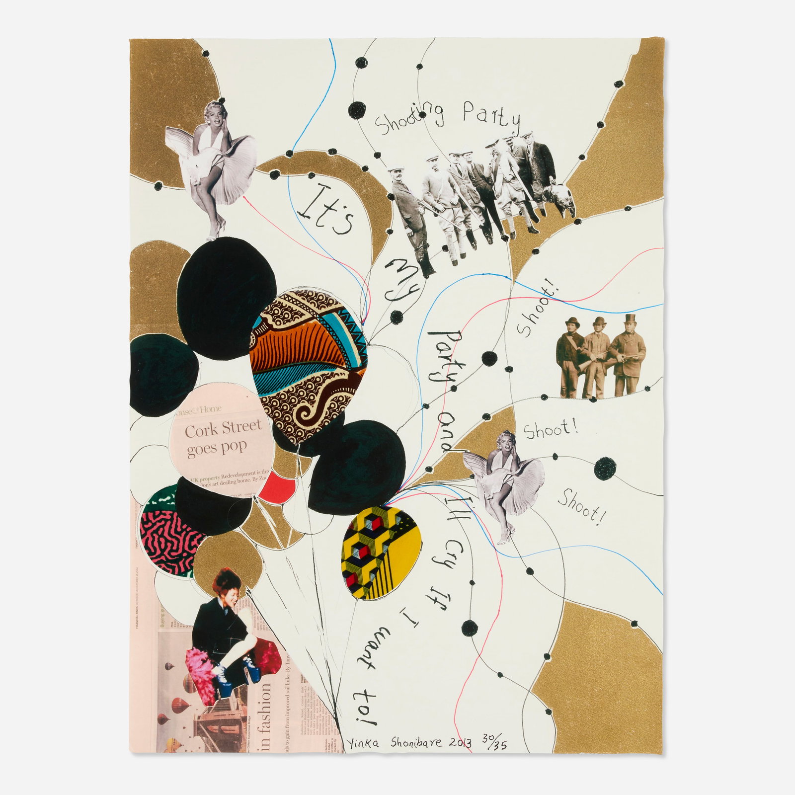 Yinka Shonibare MBE, It's My Party/Fabric-ation: Yinka Shonibare MBE It's My Party/Fabric-ation 2013 offset lithograph in colours with hand-finished fabric collage and gold leaf gilding on Somerset 25.625 h × 19.125 w in (65 × 49 cm)<