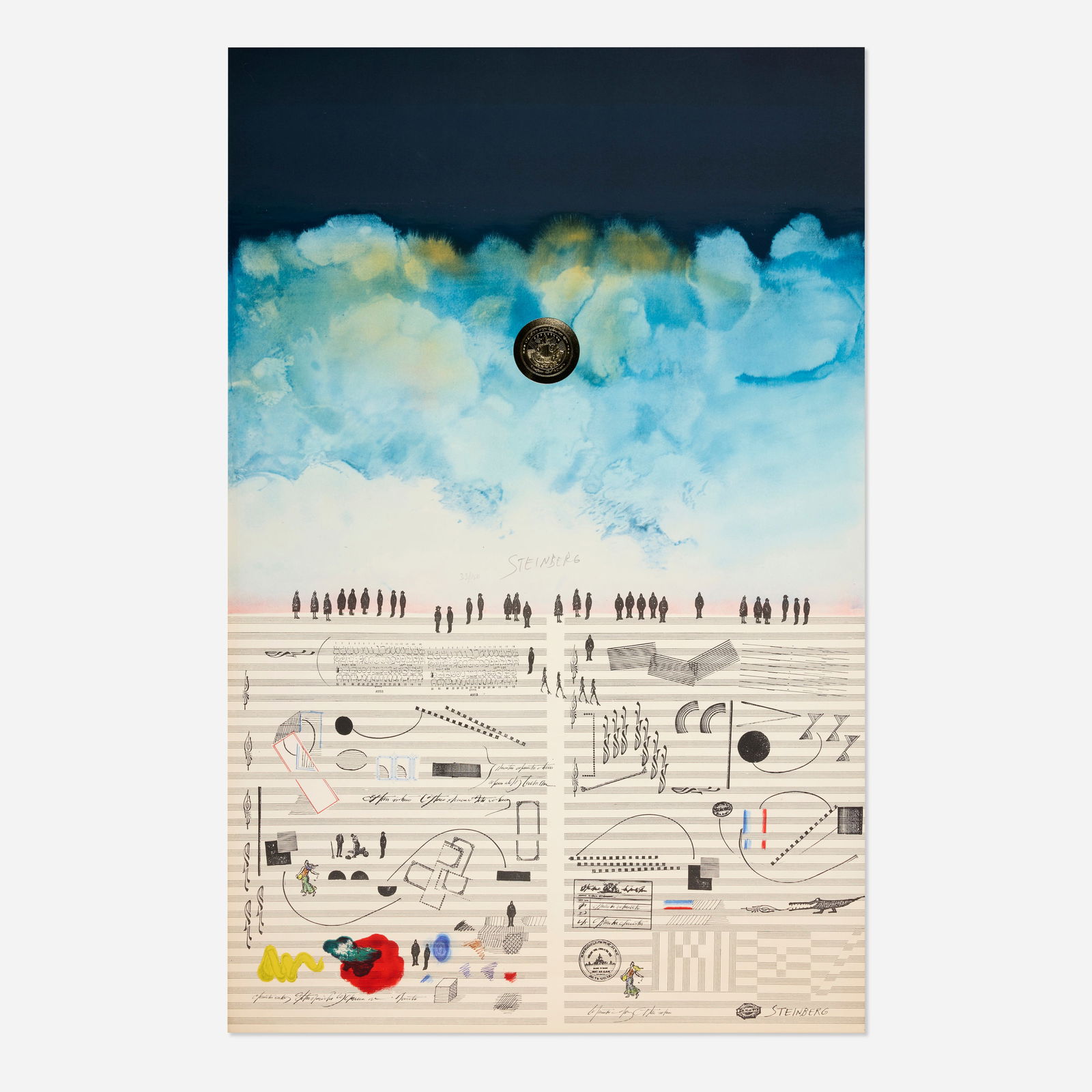 Saul Steinberg, Nuits de La Fondation Maeght: Saul Steinberg Nuits de La Fondation Maeght 1970lithograph in colors with gold leaf collage in relief 35 h × 22.625 w in (89 × 57 cm) Signed and numbered to center ‘33/150