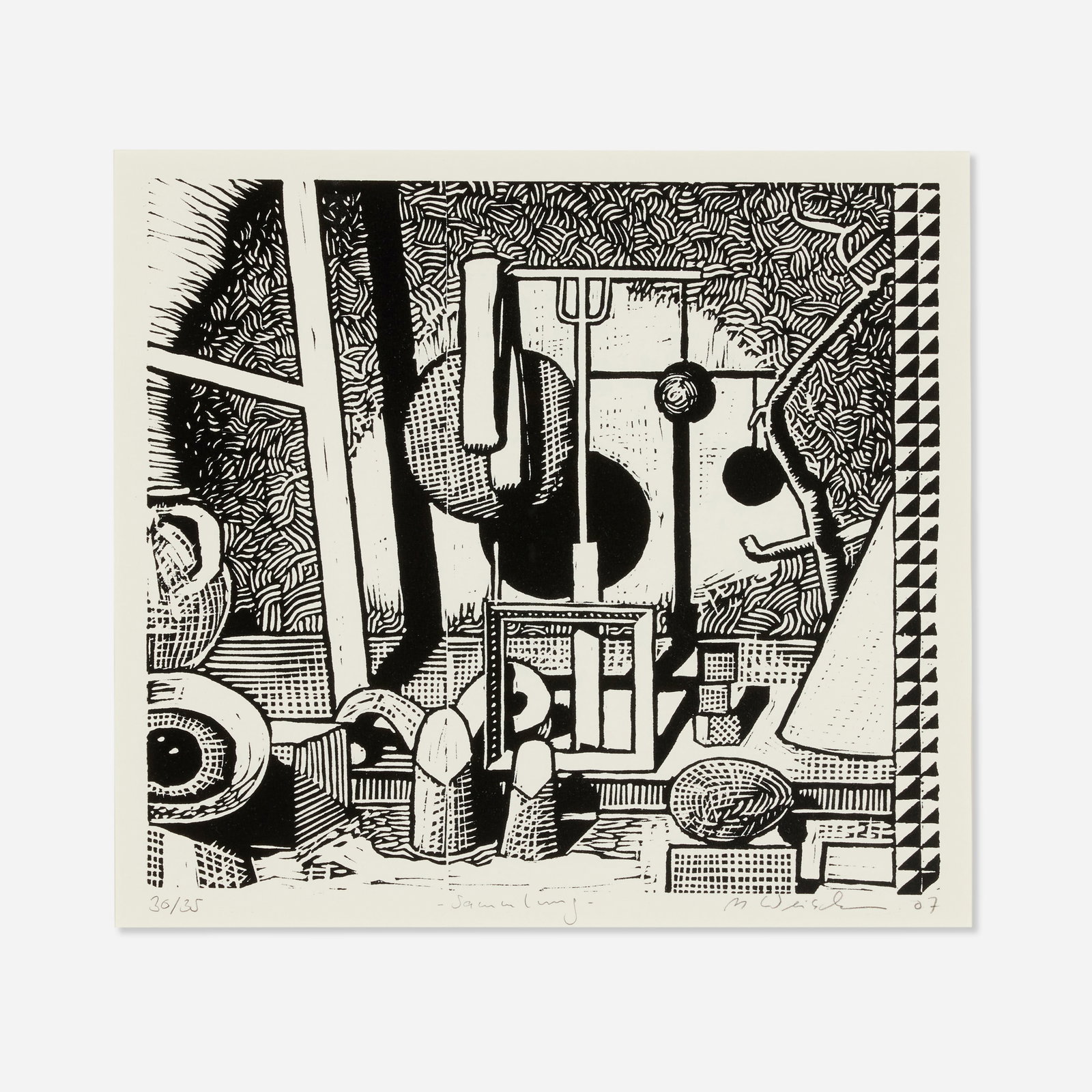 Matthias Weischer, Sammlung: Matthias Weischer Sammlung 2007linocut image: 11.875 h × 13.25 w in (30 × 34 cm) sight: 13 h × 14.375 w in (33 × 37 cm) Signed, titled, dated and numbered to lowe