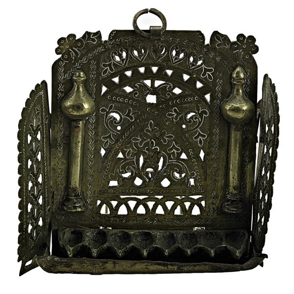 MOROCCAN MENORAH: Stamped, cut brass, 1880s. 10" x 9" Missing Shamash; 10" x 9";