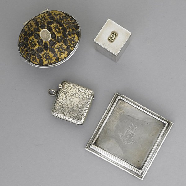 SILVER OR SILVER-MOUNTED ACCESSORIES: Victorian double-sided box turtle and silver hinged box, 3"; Cartier stamp box with gold logo; Birmingham Vesta case, 1911; stamp tray by J.E. Caldwell, 2 7/8" x 2 7/8". 5 OT (3 silver elements). Inte