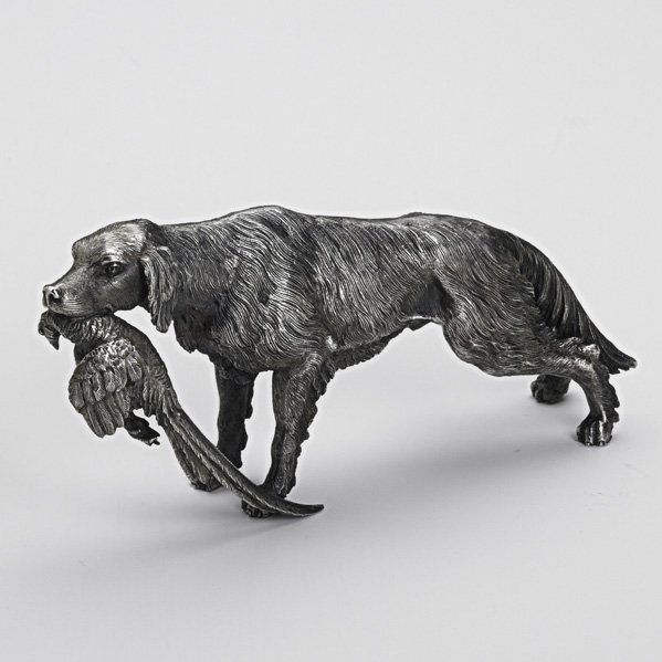 BUCCELLATI ITALY SILVER BIRD DOG: Cast and chased retriever with pheasant. Signed on foot: Buccellati, Italy 800. In dust bag and box. 11.37 OT, 3" x 6"