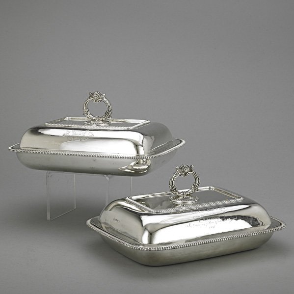 GEORGE III SILVER COVERED VEGETABLE DISHES: William Simmons and William Reynolds, London, 1782-1806, rectangular with gadroon edge, covers with removable loop handles, inscribed to the Rev. Edward Day, 1845, and Fitzgerald-Day crest above motto