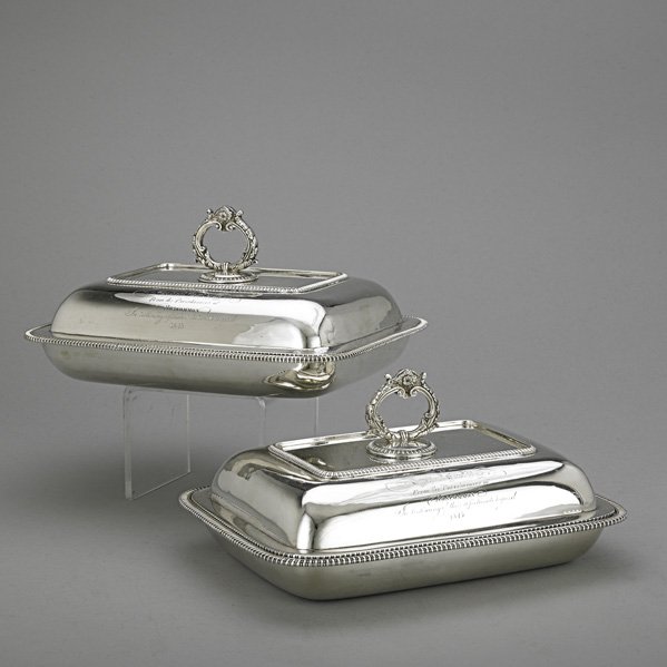 GEORGE III SILVER COVERED VEGETABLE DISHES: William Simmons, London, 1801-1806, rectangular with gadroon edge, covers with removable loop handles, inscribed to the Rev. Edward Day, 1845, and Fitzgerald-Day crest above motto "Sic Itur et Astra".