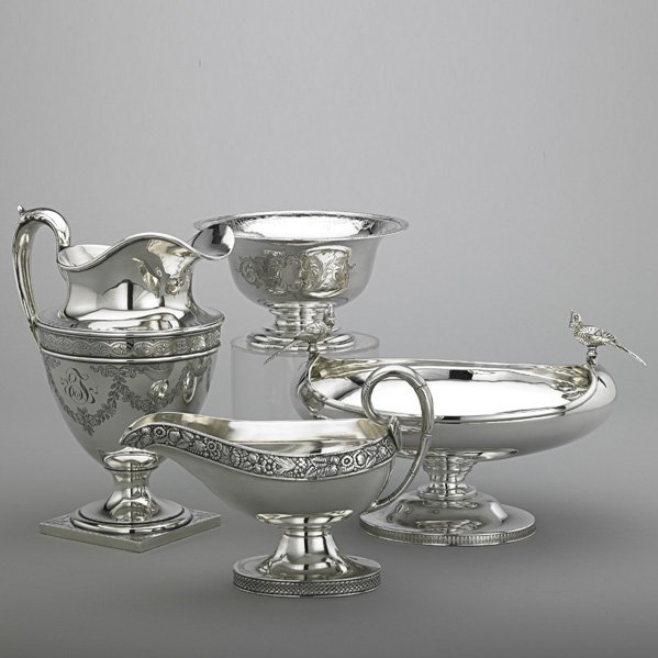 AMERICAN COIN SILVER AND STERLING HOLLOWARE: Allcock & Allen footed bowl with bright cut plume and floral ornaments, 7 1/4" x 4"; Durgin for Loring Andrews & Co. sterling urn-form pitcher on square foot with chased paterae and garlands, 10 1/4";