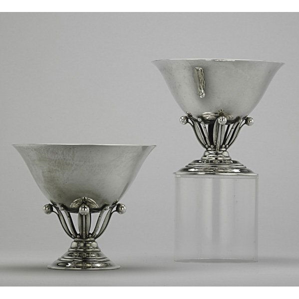 PAIR OF GEORG JENSEN STERLING COMPOTES, #6: Circular bowl above open foliate columns and oval pedestal foot, designed by Johan Rohde, 1925-1932. 26 OT, 5 1/4" x 6 1/2"