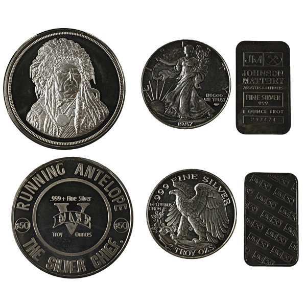 U.S. SILVER COINS AND BULLION: Eight pieces: (2) proof Running Antelope 5 OT $50.00 coins, (2) National Mint Walking Liberty 2 OT .999 fine coins, etc.; 15 ot .999 fine, 1 ot .925 fine