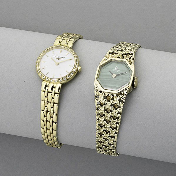 TWO GOLD LADIES BRACELET WATCHES: Universal Geneve 17 jewels with octagonal malachite face and textured bracelet, 18k case and bracelet; Longines 18k yg., white face with diamond bezel, 14k case and bracelet. 43.9 dwt GW (68.3 gs.)