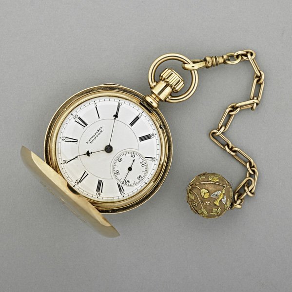 E. HOWARD 14K ROSE GOLD POCKET WATCH AND FOB: G size hunter case #57482, stem wound, lever-set, gilded movement #102569, white porcelain dial with Roman markers, stepped sub seconds, rose gold chain and multi-hued gold ball fob in aesthetic manne