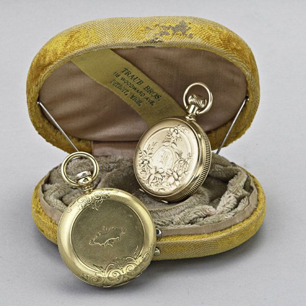 TWO 19TH C. AMERICAN GOLD POCKET WATCHES: Appleton Tracy & Co., 18k Hunter case pocket watch, ca. 1868, key wind and key set watch by American Watch Co., 16 size #445923 Foggs Patent, case scroll incised on engine turned ground marked 18k R+P
