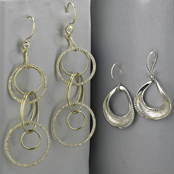 TWO PAIRS IPPOLITA GOLD OR ROSE DIAMOND EARRINGS: "Jet Set" 18k gold with diamonds, 3"; sculpted sterling teardrops frosted with diamonds, 1 3/8". Diamonds approx. .76 ct. TW. Gold: 7 dwt. (10.9 gs.). Note: Rose is 18k and sterling.