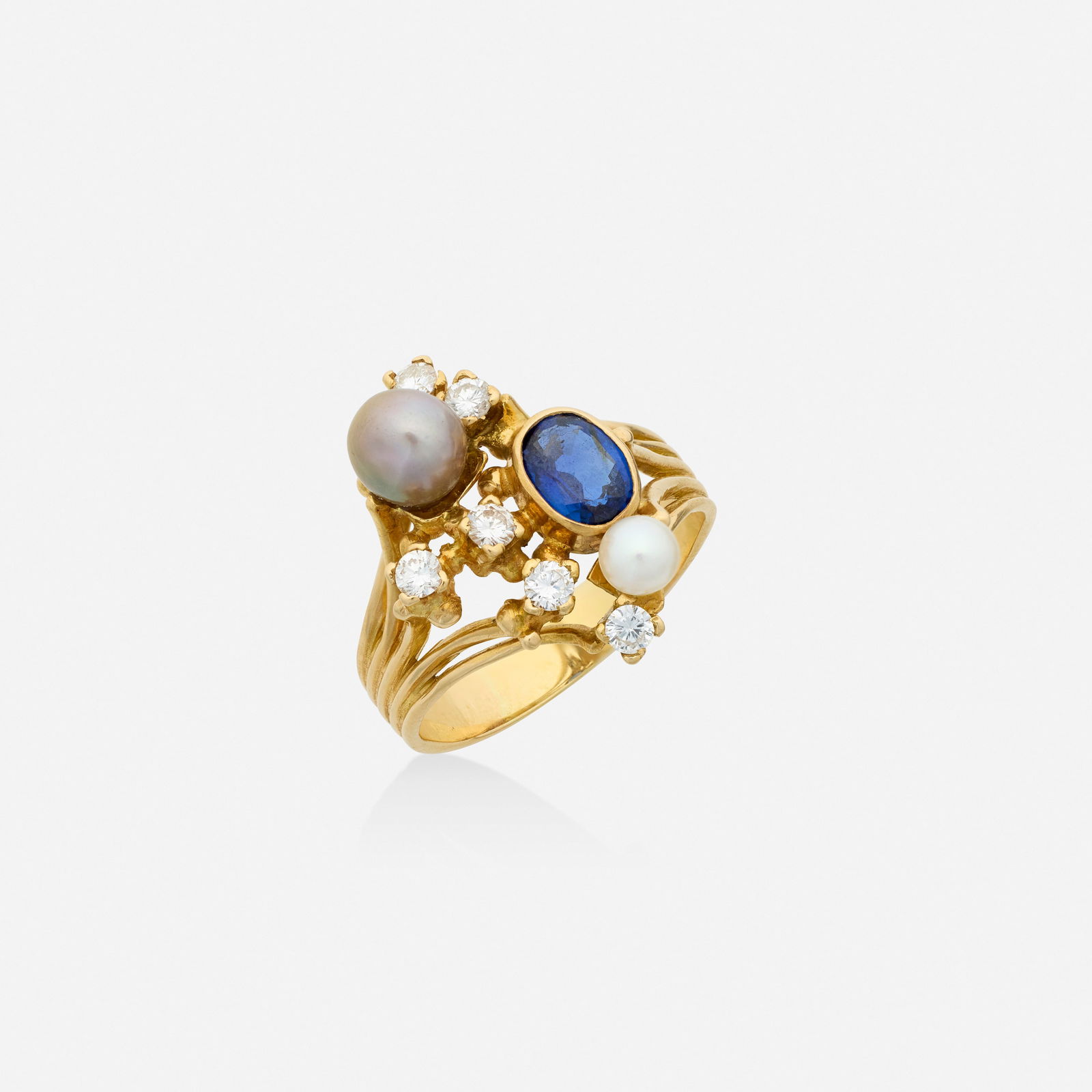 Modernist, Sapphire, diamond, and cultured pearl ring (1 of 3)