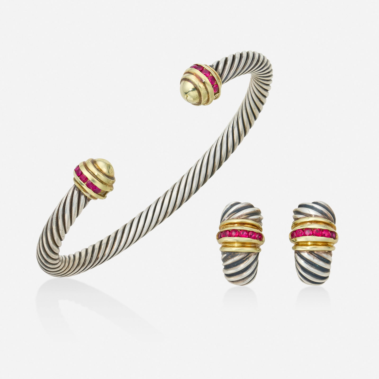David Yurman, Sterling silver, gold, and ruby cuff bracelet and earrings (1 of 3)