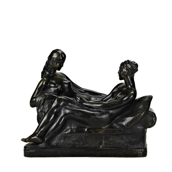 VICTOR ROUSSEAU (Belgian, 1865-1954): Figural bronze of two reclining women, 1918; Signed and dated, foundry mark; 9" x 11" x 6"