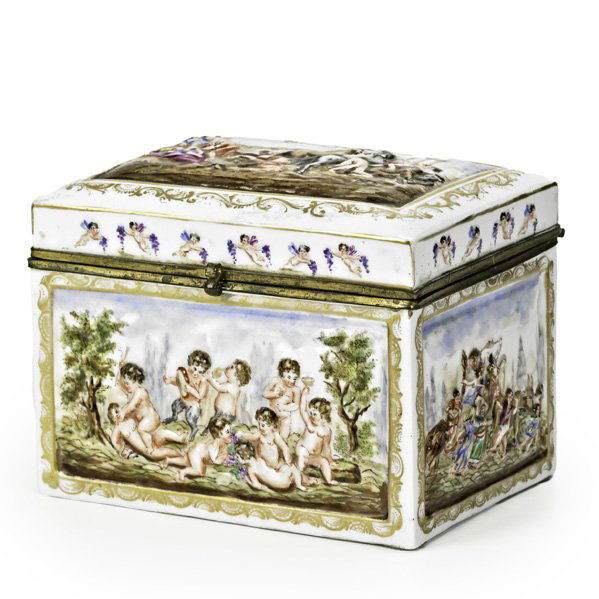 CAPODIMONTE PORCELAIN: Velvet lined jewelry box, 19th c.; 5 3/4" x 7 3/4" x 5 5/8"