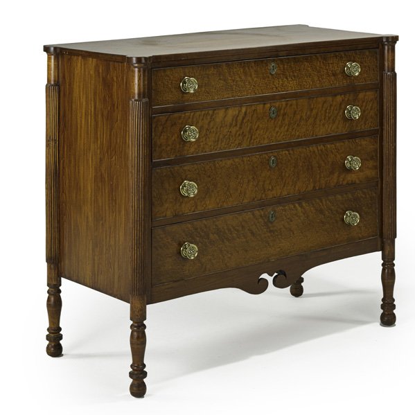 AMERICAN SHERATON CHEST OF DRAWERS: Cherry with birds eye maple drawer fronts, turned legs, 19th c.; 38 1/2" x 42" x 20"
