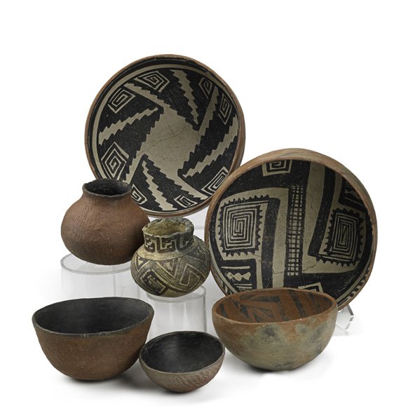 ANASAZI POTTERY: Seven vessels, southwestern United States, ca. 1100 AD: two bowls with geometric designs, two salado bowls and two ollas; Tallest: 4 1/2"; Provenance: Collection of Robert Ellison