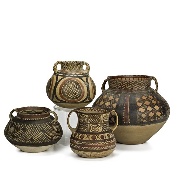 CHINESE NEOLITHIC POTTERY: Four paint-decorated storage jars, ca. 2300-2000 BC; Tallest: 7 3/4"; Provenance: Flores Art & Antiques, New York City, Collection of Robert Ellison