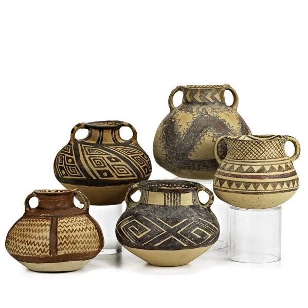 CHINESE NEOLITHIC POTTERY: Five paint-decorated storage jars, ca. 2300-2000 BC; Tallest: 5 1/2"; Provenance: Flores Art & Antiques, New York City, Collection of Robert Ellison