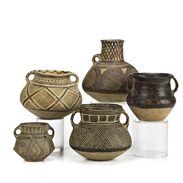 CHINESE NEOLITHIC POTTERY: Five paint-decorated storage jars, ca. 2300-2000 BC; Tallest: 5 1/2"; Provenance: Flores Art & Antiques, New York City, Collection of Robert Ellison