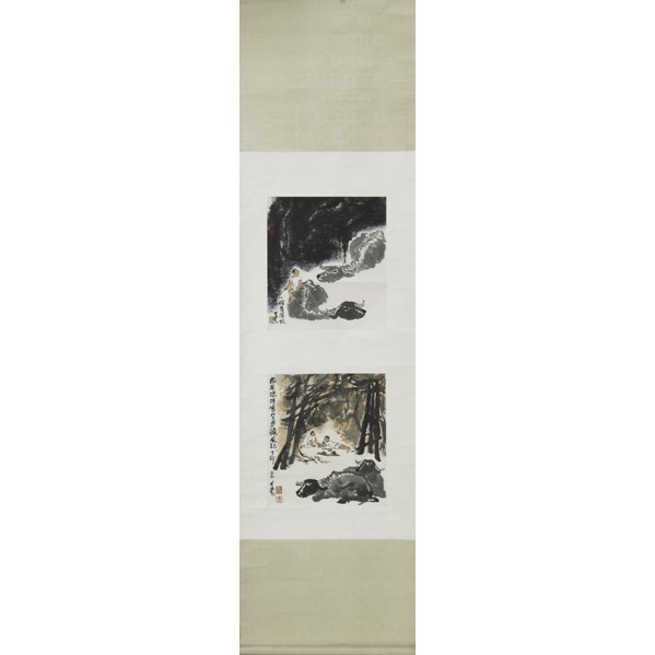 AFTER LI KERAN (Chinese, 1907-1989): Ink and color scroll painting of water buffalo and herders; 14 1/4" x 15 1/2"